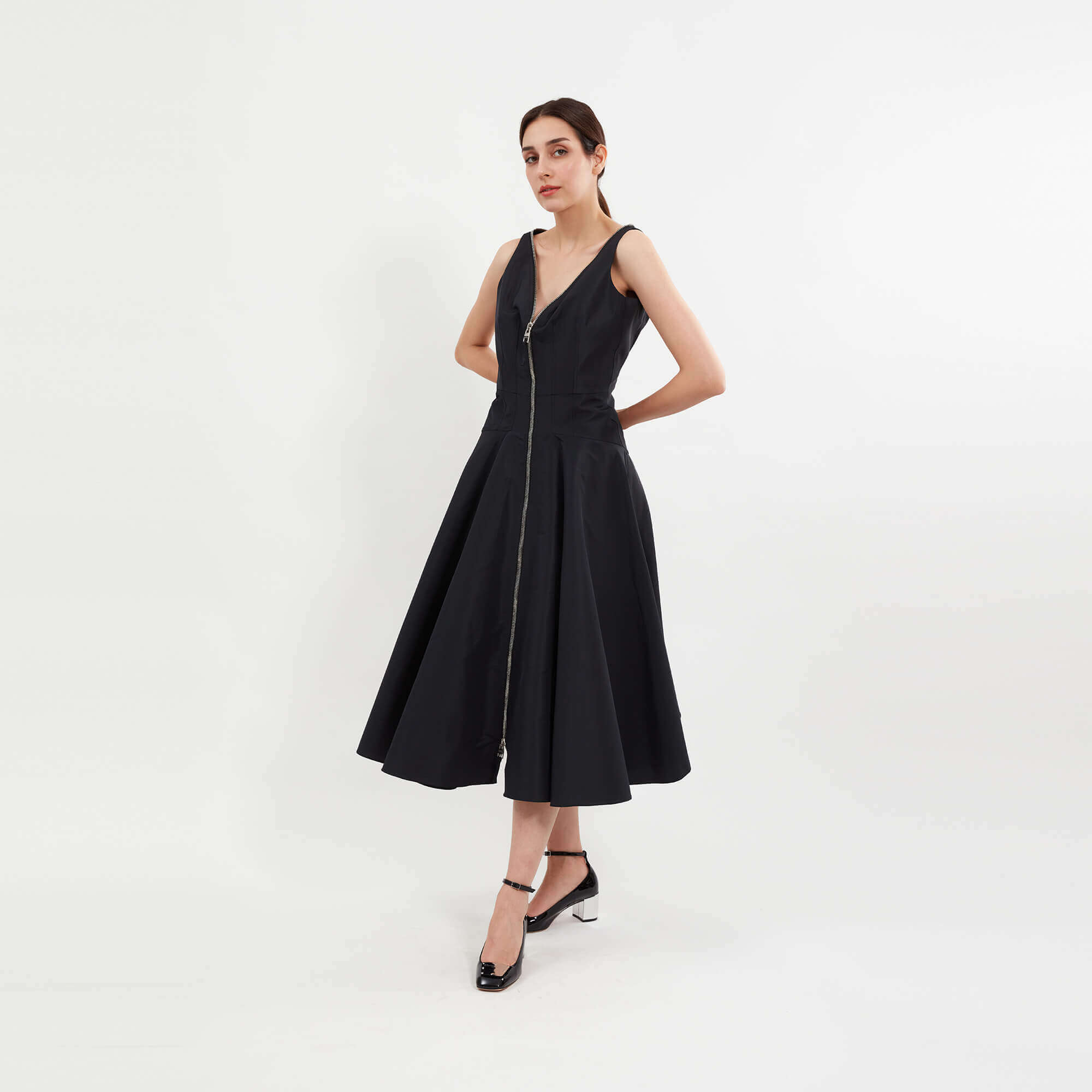 Alexander McQueen - Black Polyester Front Zip Parachute Midi Dress